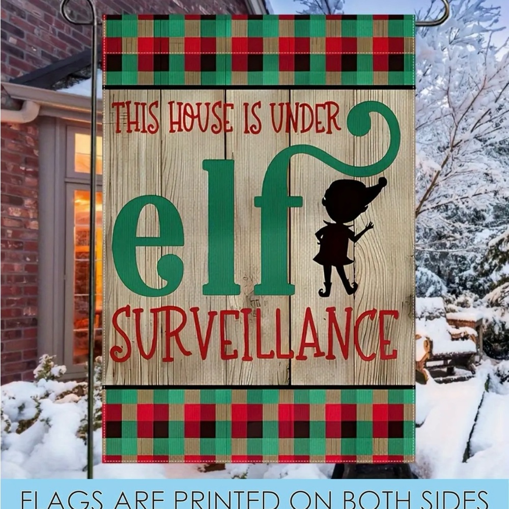 Holiday Elf Surveillance Garden Flag - Red and Green - Picture 5 of 5